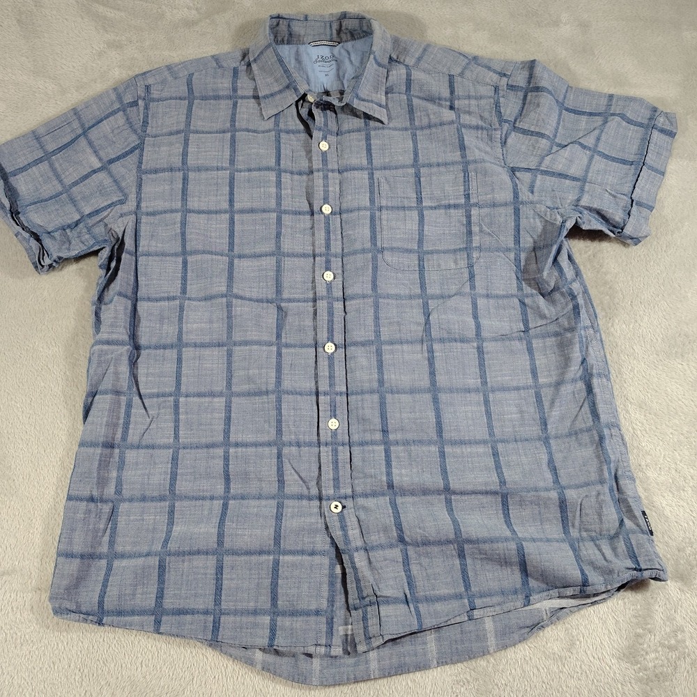 IZOD Saltwater Shirt Men XL Blue Plaid Relaxed Nautical Comfort Short Sleeve
